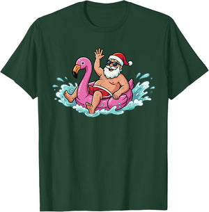 Santa Flamingo Floatie Summer Christmas in July Men Women T-Shirt - T-Shirt | Forest