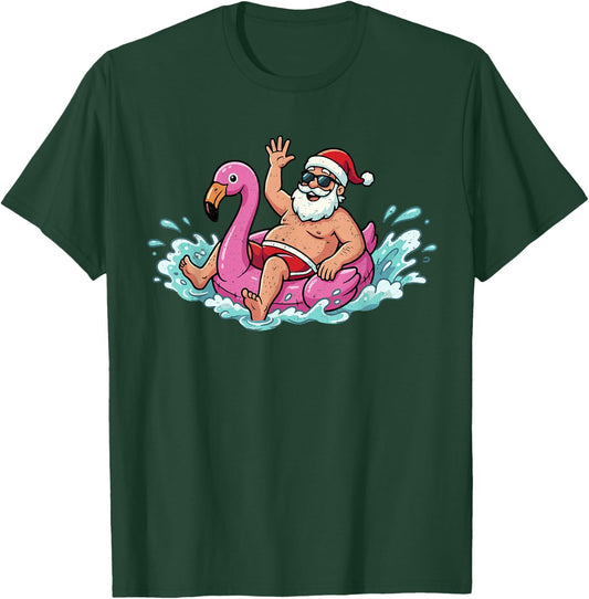 Santa Flamingo Floatie Summer Christmas in July Men Women T-Shirt - T-Shirt | Forest
