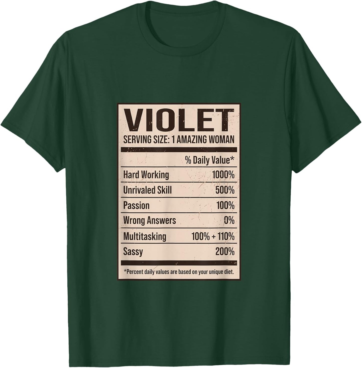 Violet Nutrition Facts Name Nickname Alias Title Friends T-Shirt - T-Shirt | Forest