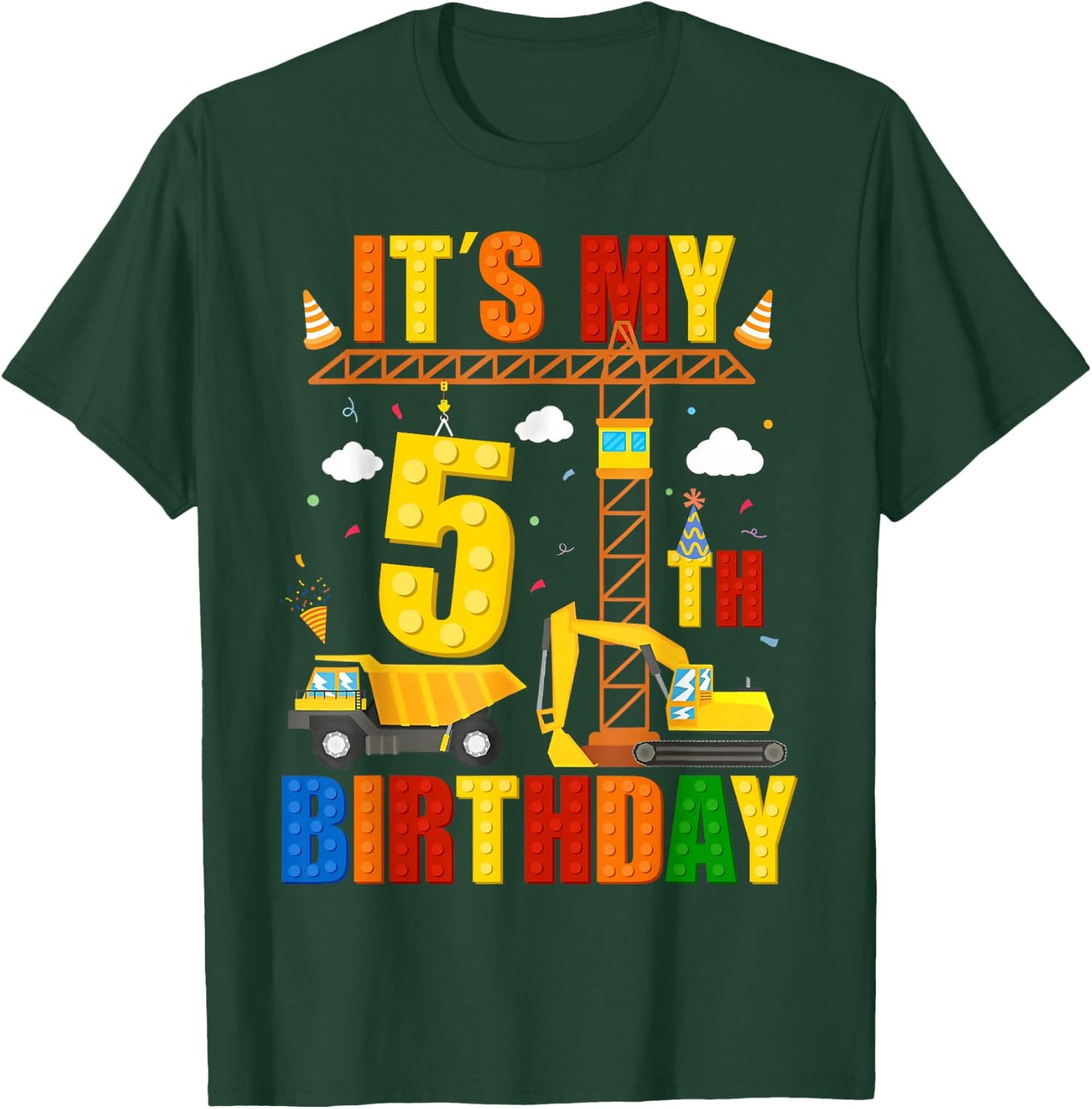 It's My 5th Birthday Construction Excavator Birthday Boys T-Shirt - T-Shirt | Forest