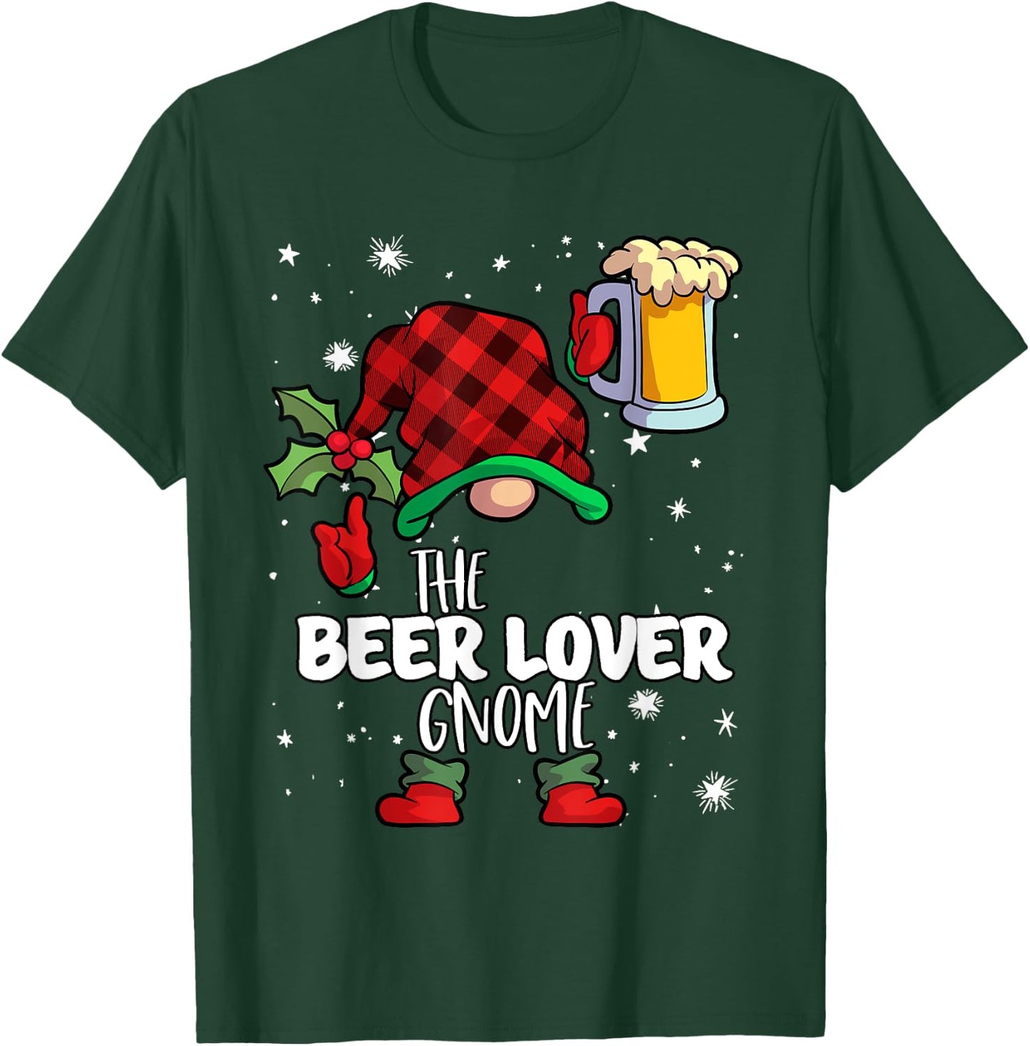 Beer Lover Gnome Red Buffalo Plaid Matching Family Christmas T-Shirt - T-Shirt | Forest