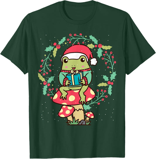 Cottagecore Aesthetic Frog On Mushroom Christmas Wreath T-Shirt - T-Shirt | Forest