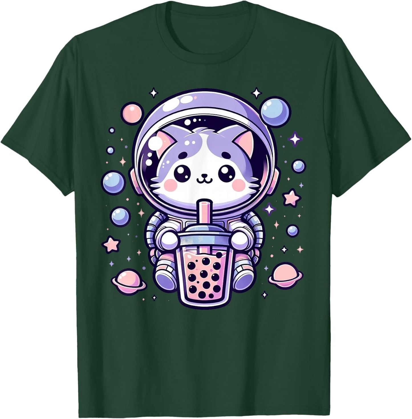 Kawaii Cat Astronaut With Boba Tea Anime In Space Adventure T-Shirt - T-Shirt | Forest