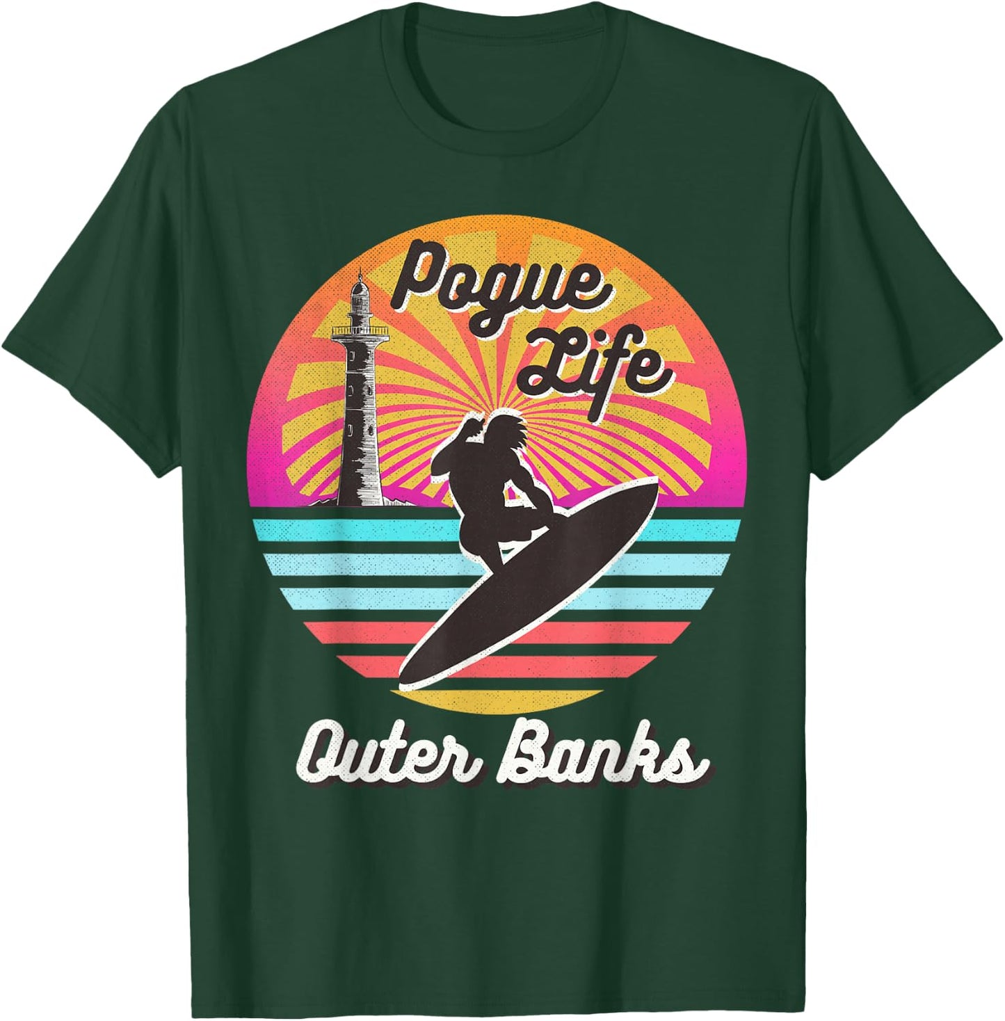 Surfer Pogue-Life-Outer-Banks Light Houses Retro Distressed T-Shirt - T-Shirt | Forest