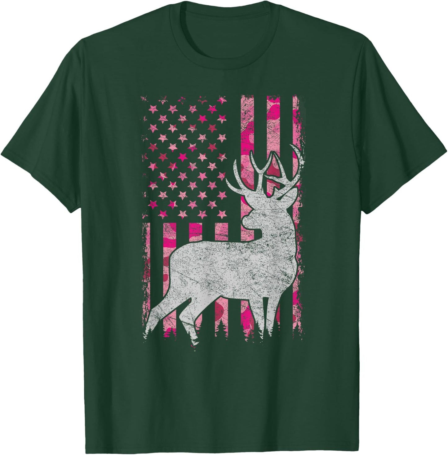 Women Girls Patriotic Pink Camo USA Flag Deer Hunter T-Shirt - T-Shirt | Forest