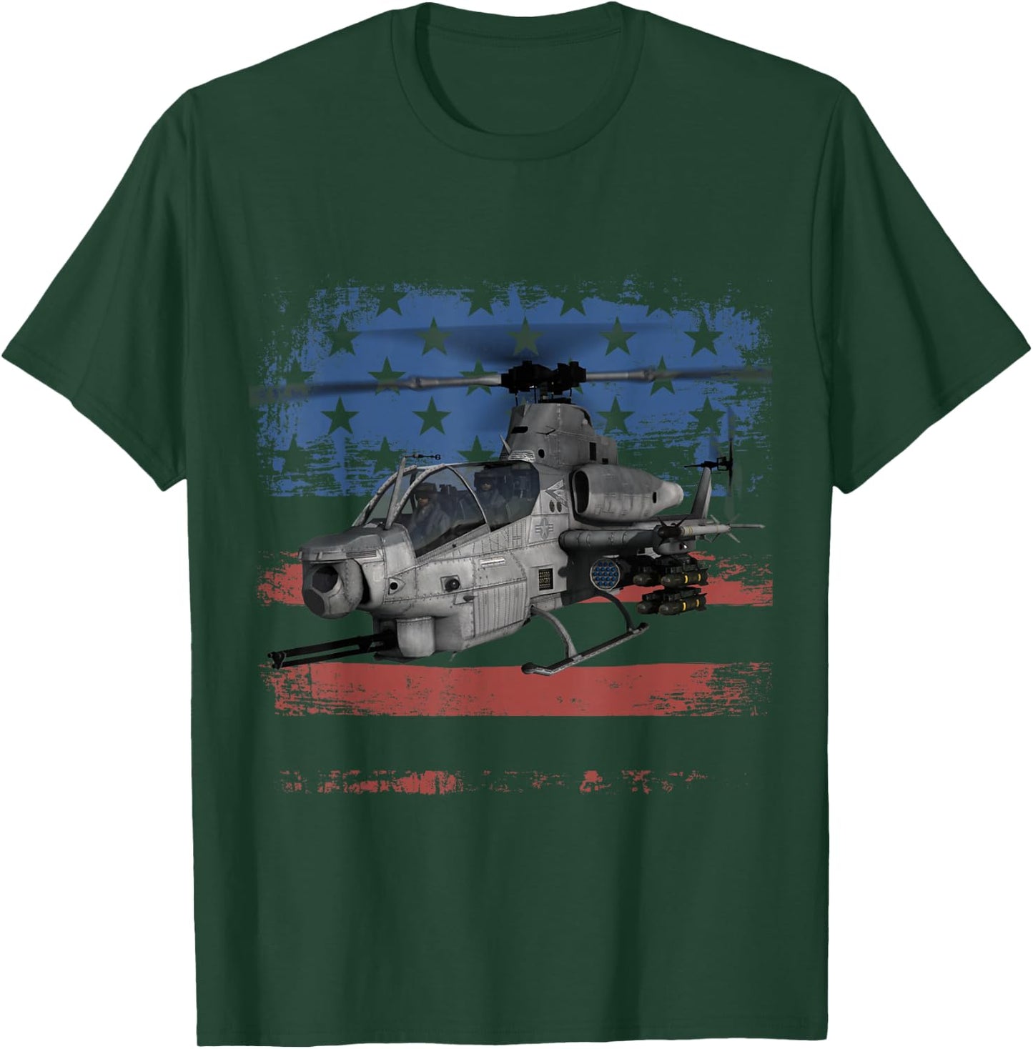AH-1 Cobra Attack Helicopter Military Distressed US Flag T-Shirt - T-Shirt | Forest