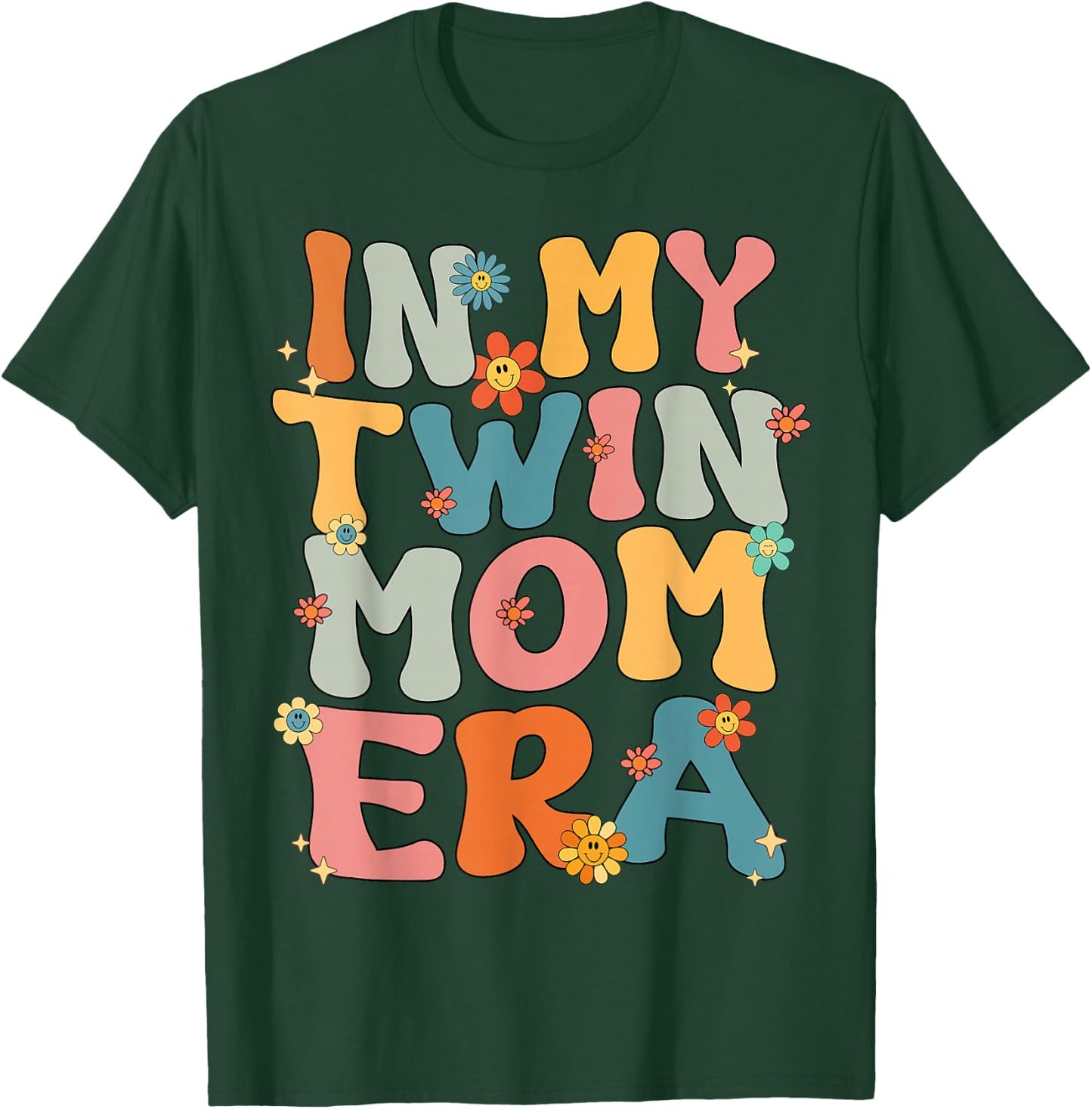 In My Twin Mom Era Groovy Retro Twin Mom Cute Black Twin Mom Era Mother's Day Birthday Casual Modern Floral Letter Print Short Sleeve Small T-Shirt - T-Shirt | Forest