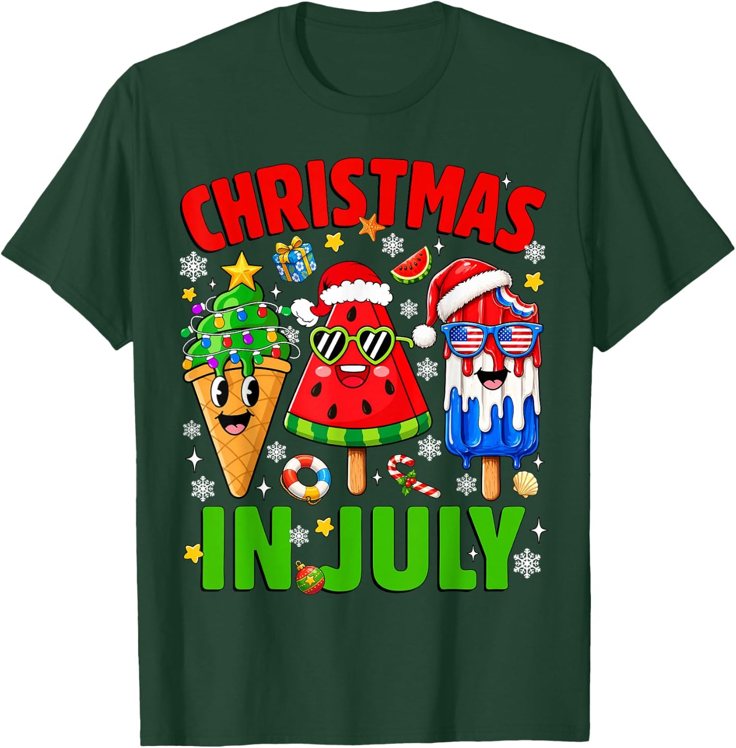 Christmas in July Ice Pops Watermelon Xmas Santa Hat Kids T-Shirt - T-Shirt | Forest