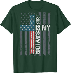 Jesus Is My Savior, Patriotic Christian Faith Cross ON BACK Women Kids Men T-Shirt - T-Shirt | Forest