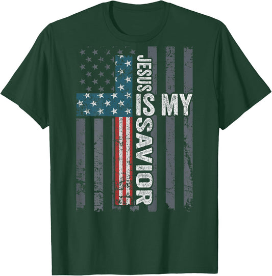 Jesus Is My Savior, Patriotic Christian Faith Cross ON BACK Women Kids Men T-Shirt - T-Shirt | Forest