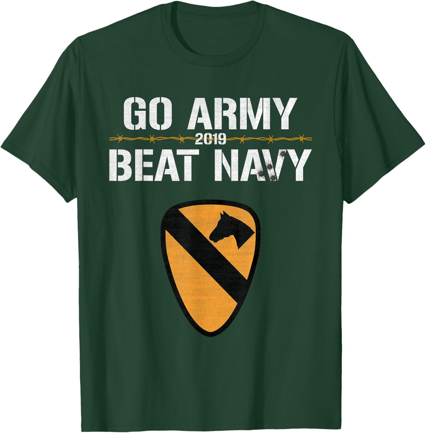 Veterans & Armed Forces Design (VAFD) 2019 Go Army! Beat Navy! Barbed Wire, Bullet Holes & Cavalry - Black, , Short Sleeve, , Modern Style, Military Theme, Adult Size: Small T-Shirt - T-Shirt | Forest