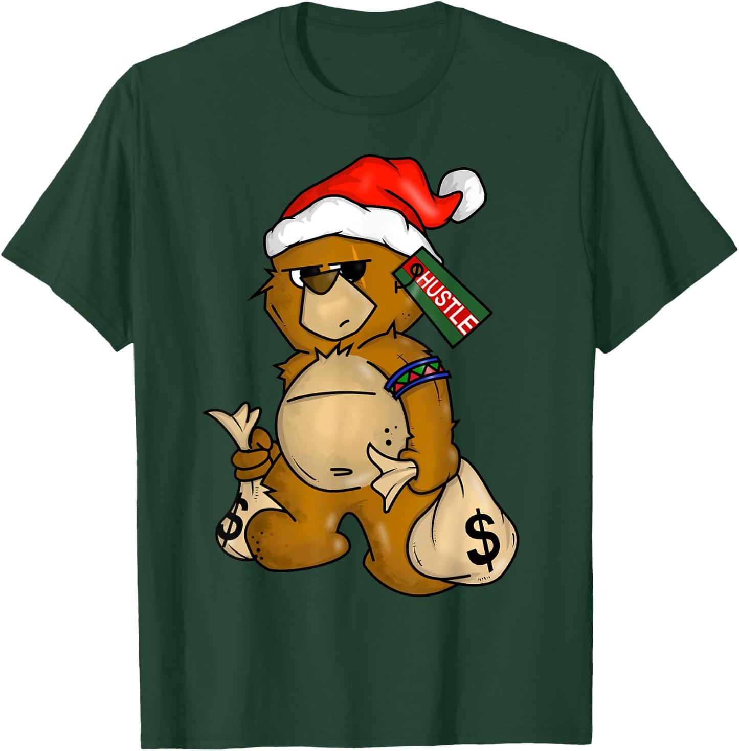 Hip Hop Teddy Bear Christmas Santa Hat Money Rap Lover Gift T-Shirt - T-Shirt | Forest