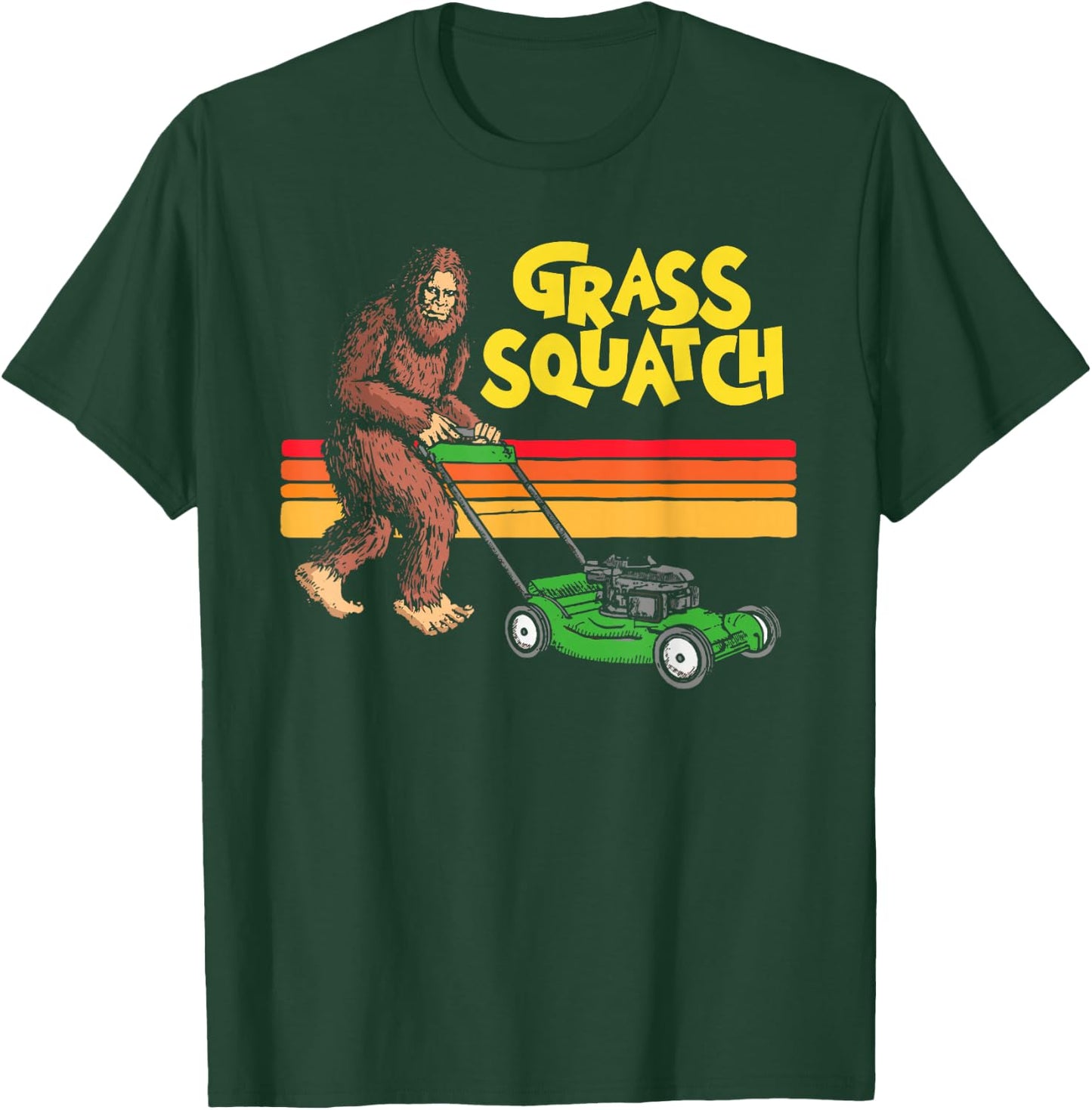 GrassSquatch! Push Lawn Mower Funny Bigfoot Sasquatch 80s T-Shirt - T-Shirt | Forest