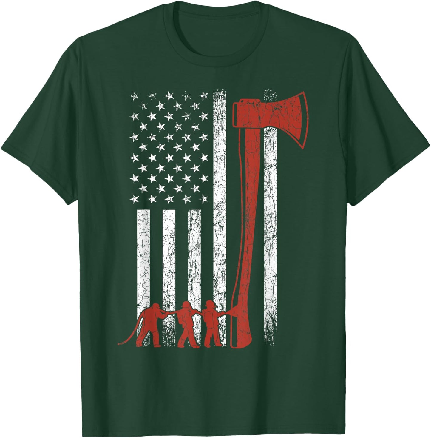 Firefighter USA Flag Funny Firemen Fire Truck Graphic T-Shirt - T-Shirt | Forest