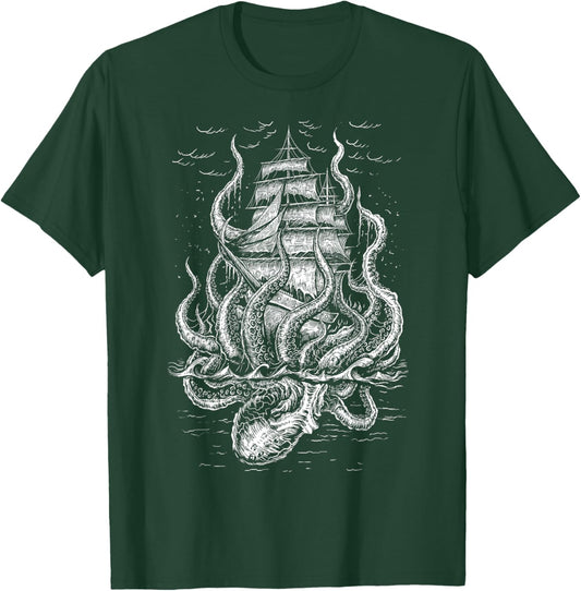 Call of the Kraken - Octopus with Pirateship T-Shirt - T-Shirt | Forest