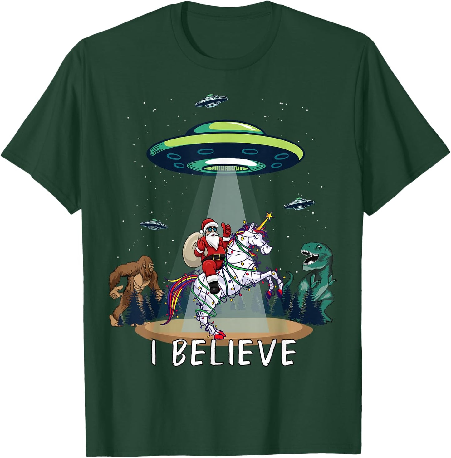 Believe Bigfoot Dinosaur Alien UFO Santa Riding On Unicorn T-Shirt - T-Shirt | Forest