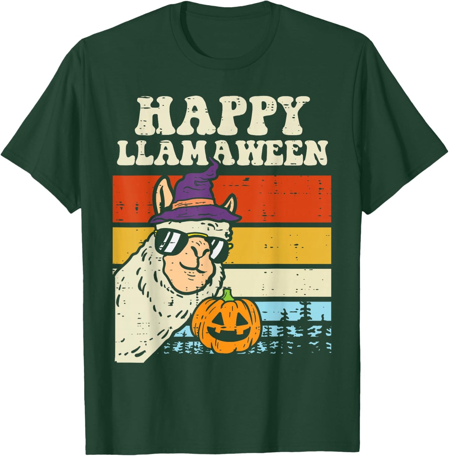 Happy Llamaween Llama Witch Retro Halloween Alpaca Animal T-Shirt - T-Shirt | Forest