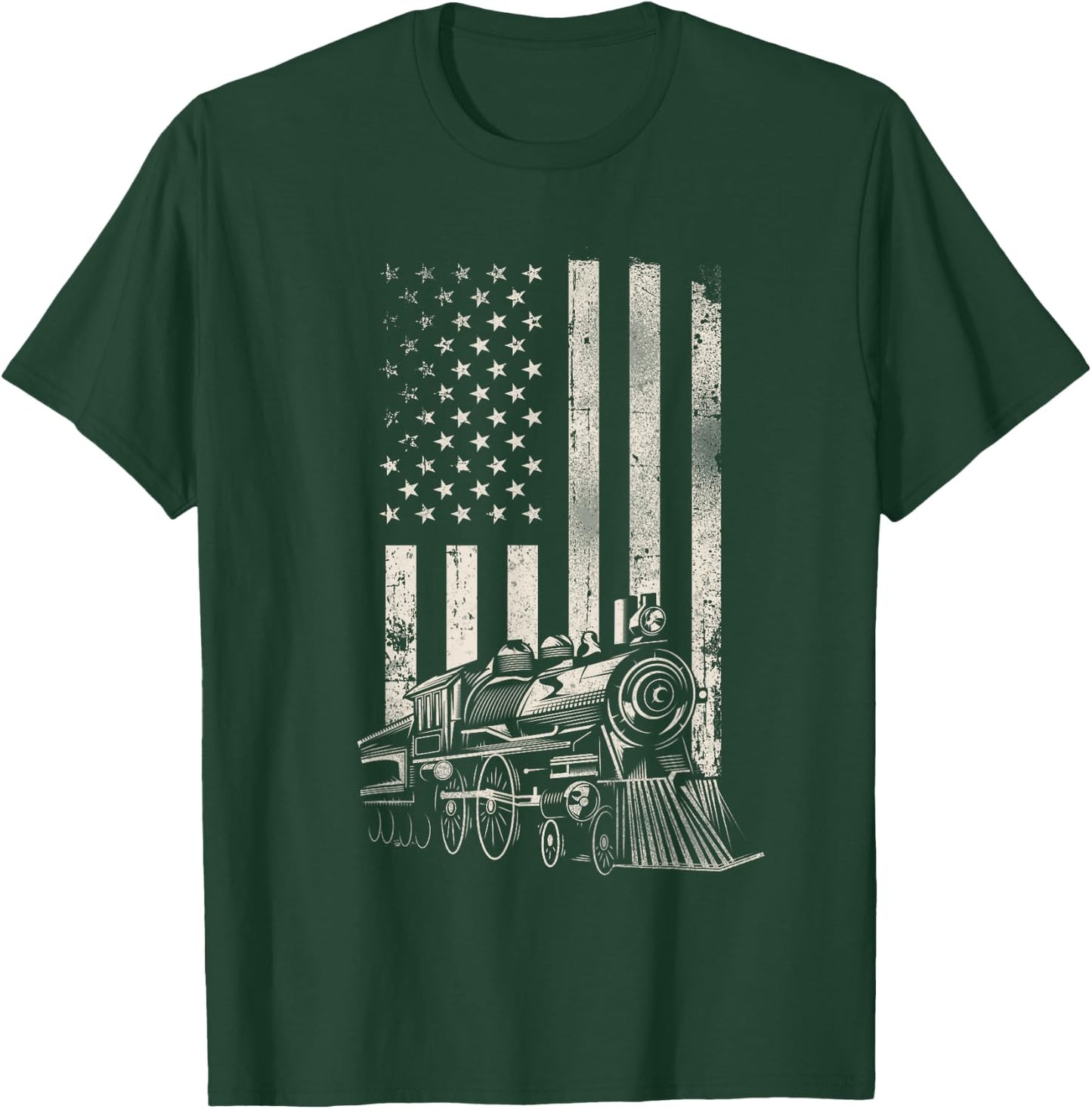 Steam Train Driver Trainspotting Locomotive American Flag T-Shirt - T-Shirt | Forest