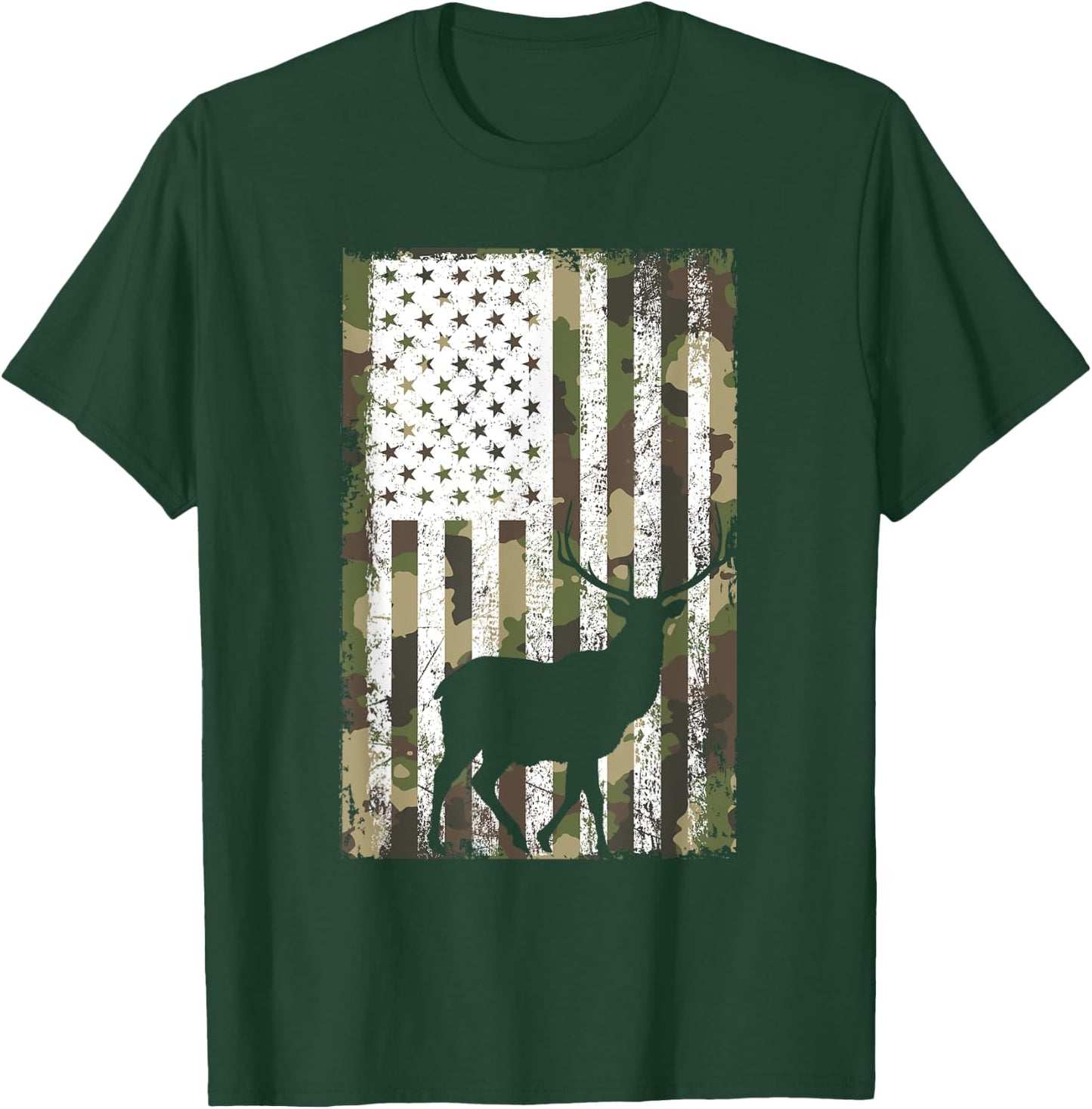 Camo US Flag Deer Elk Buck Camouflage Hunting Hunter Dad Men T-Shirt - T-Shirt | Forest