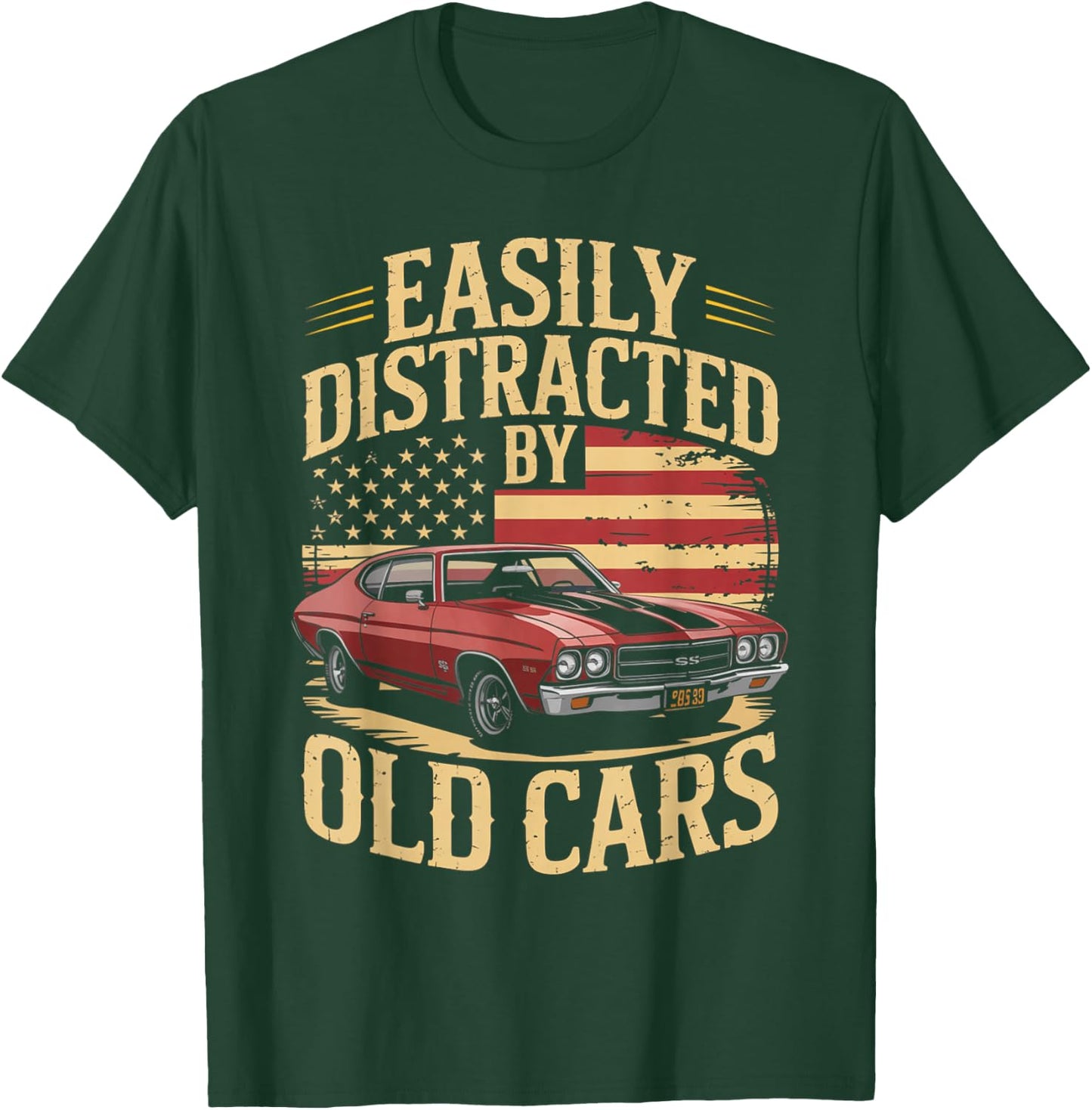 Easily Distracted by Old Cars Muscle Vibe Retro car Lovers T-Shirt - T-Shirt | Forest