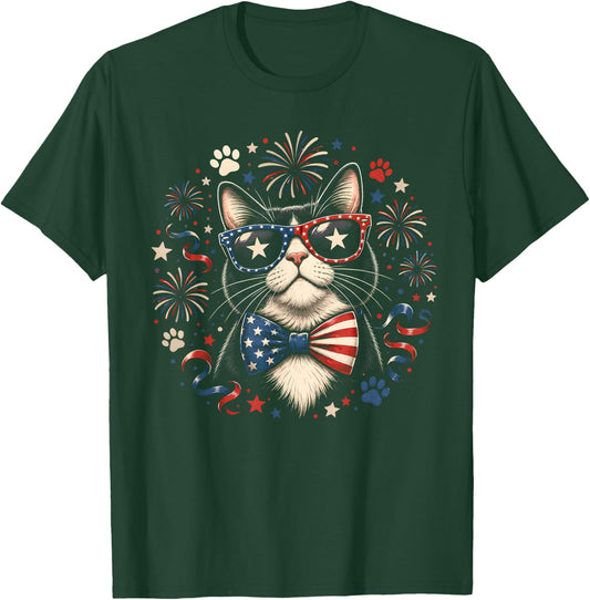 Cat 4th of July American Flag Bow Patriotic Women T-Shirt - T-Shirt | Forest
