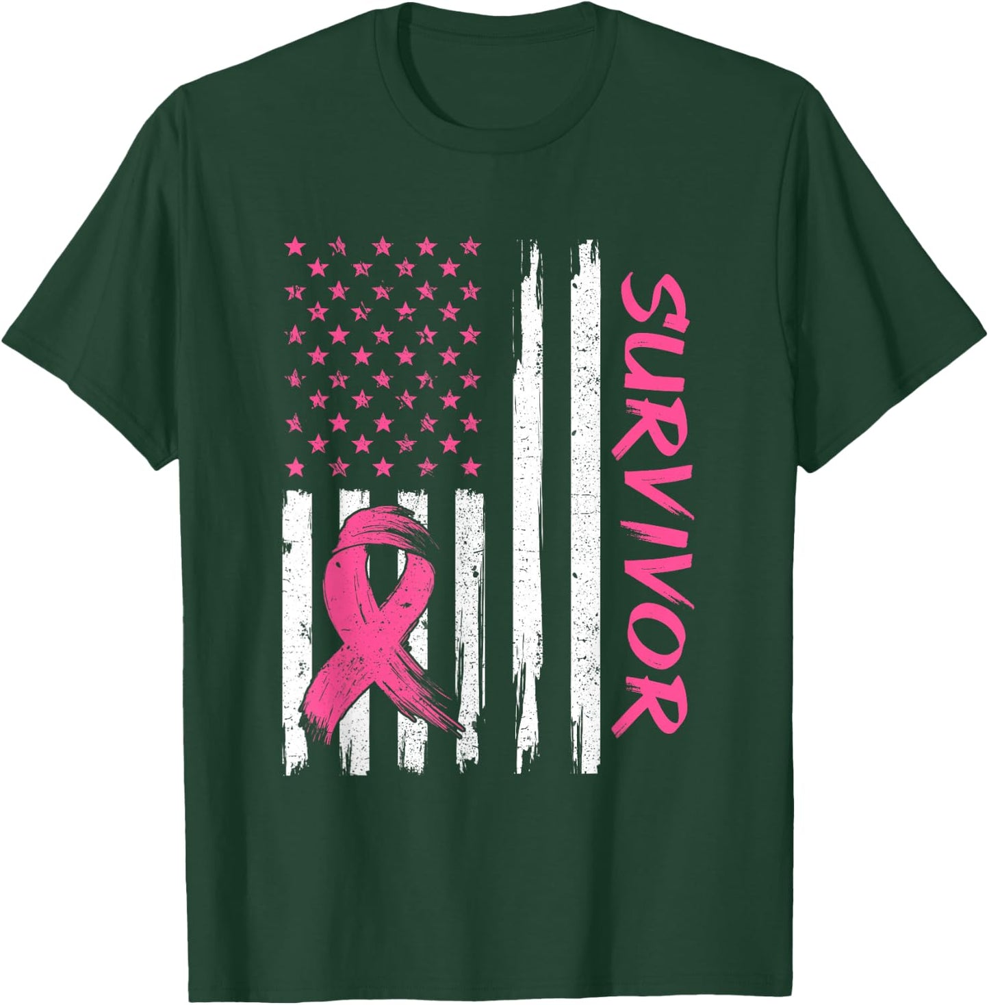 Breast Cancer Survivor American Flag Breast Cancer Awareness T-Shirt - T-Shirt | Forest