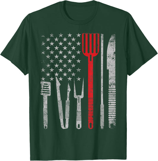 BBQ Grill pork with 4th July USA flag Cooking Chef T shirt T-Shirt - T-Shirt | Forest