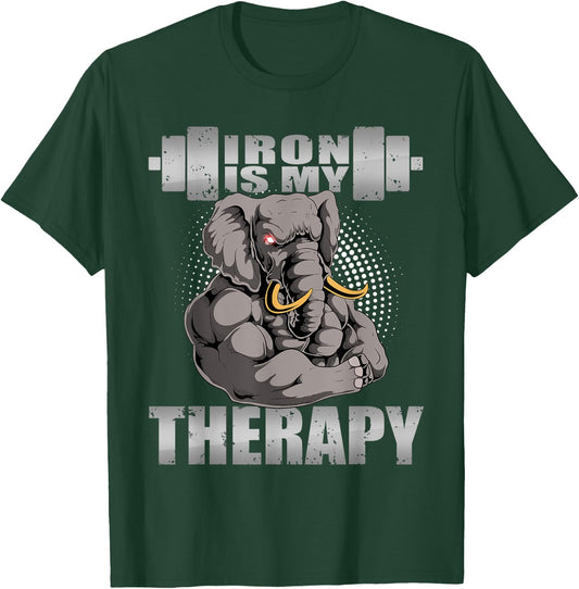 Elephant Powerlifter Workout Gym Iron Is My Therapy Lifting T-Shirt - T-Shirt | Forest