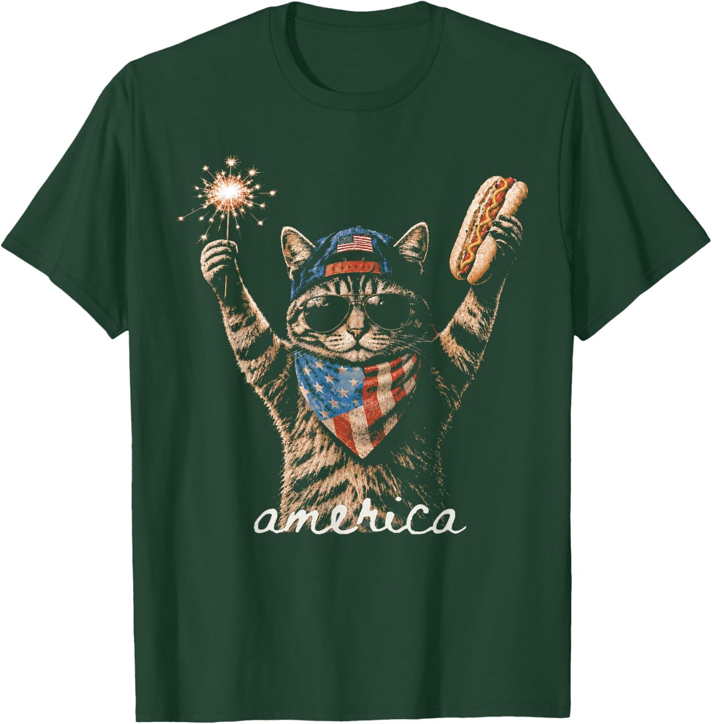 Retro Funny America CatHot Dog Lovers Patriotic US Flag T-Shirt - T-Shirt | Forest