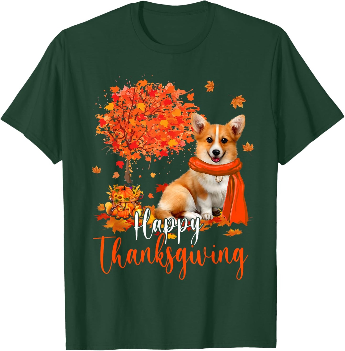 Happy Thanksgiving Corgi Dog And Autumn Tree Corgi Dog Lover Men Women Kids T-Shirt - T-Shirt | Forest