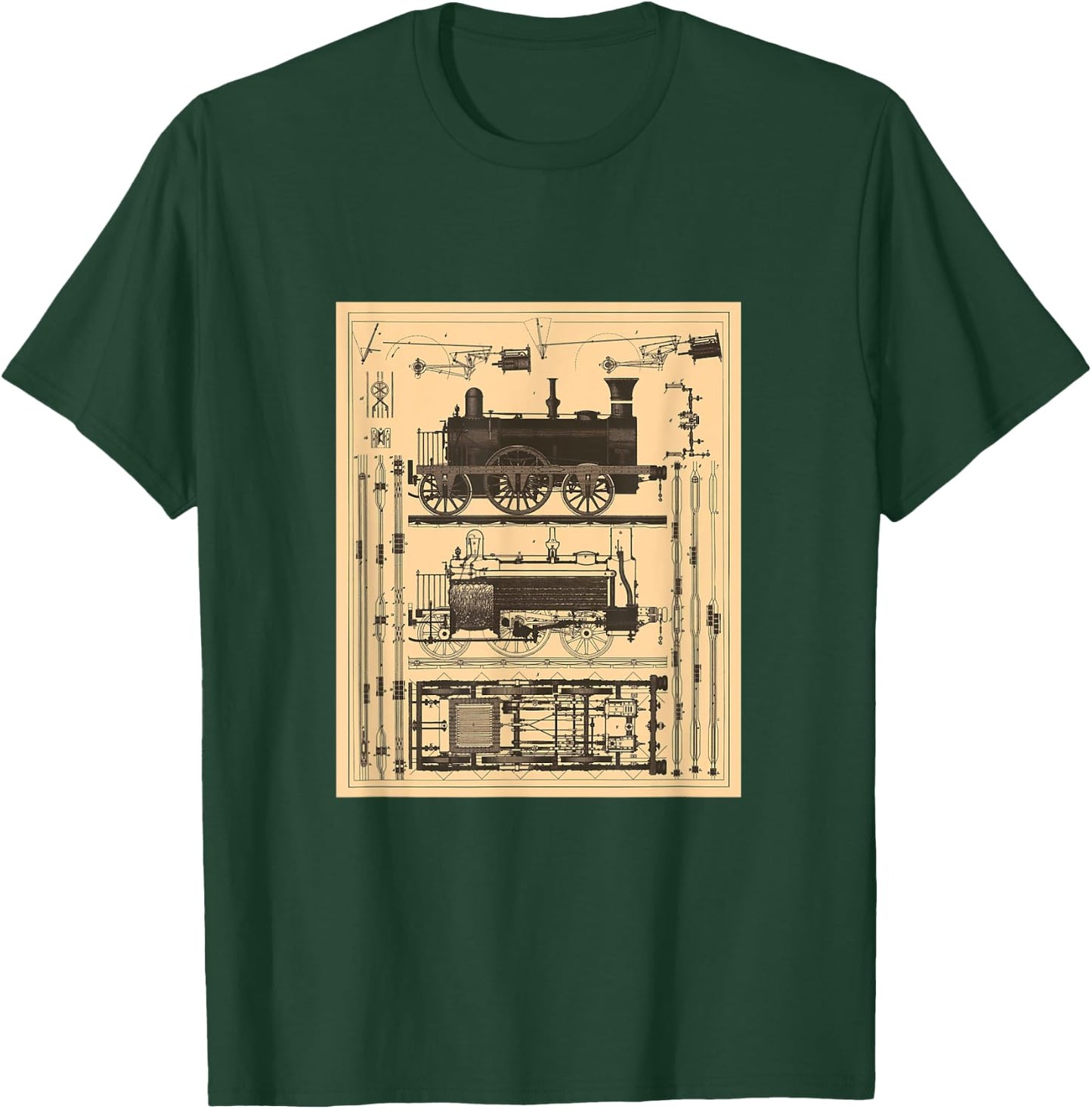Railroad Locomotive Blueprint T-Shirt - T-Shirt | Forest