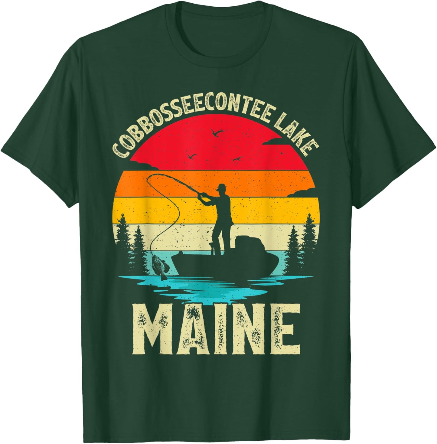 Summer Vacation Fishing Vintage Maine Cobbosseecontee Lake Men Women Kids T-Shirt - T-Shirt | Forest