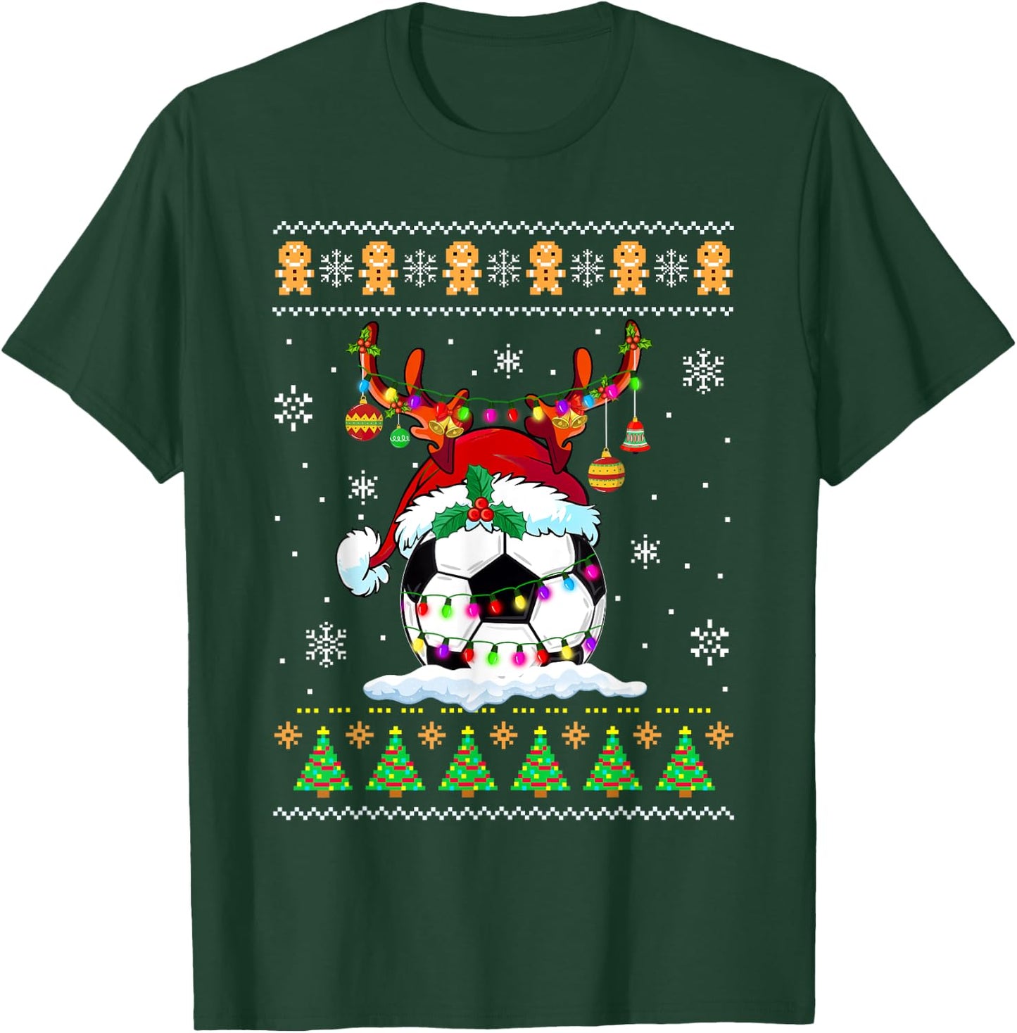 Soccer Ball Reindeer Santa Hat Ugly Sweater Xmas Lights T-Shirt - T-Shirt | Forest