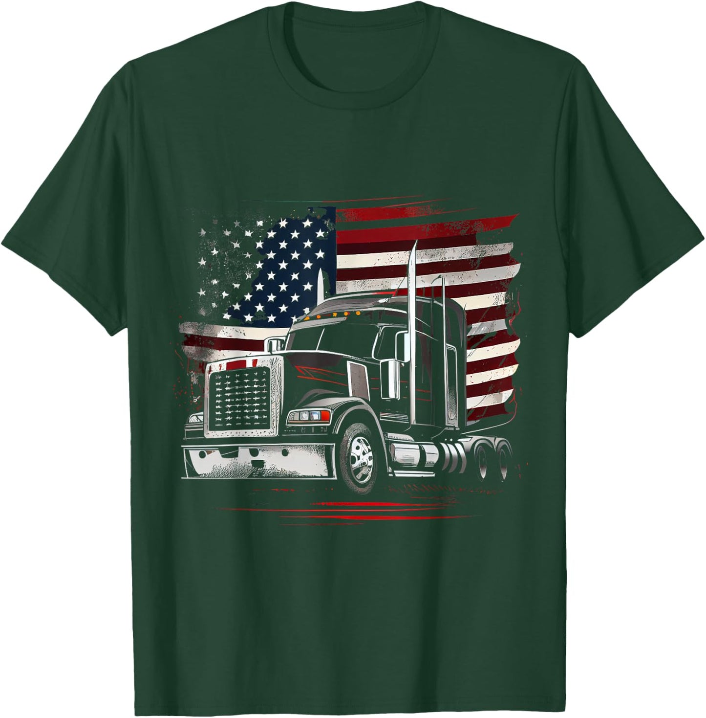US American Flag Truck Driver 18 Wheeler Trucker Gift T-Shirt - T-Shirt | Forest