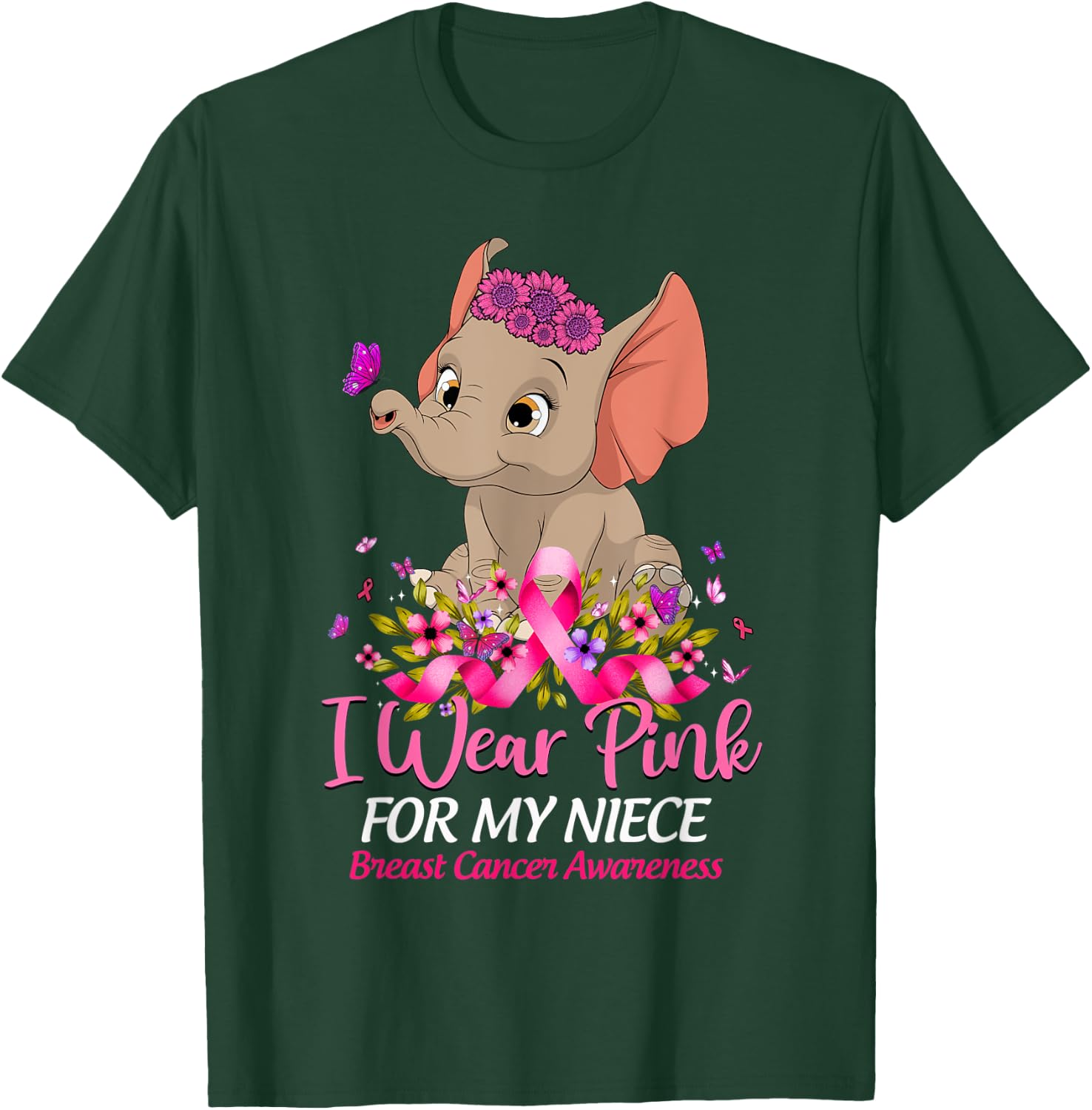 Breast Cancer Awareness Elephant I Wear Pink For My Niece T-Shirt - T-Shirt | Forest