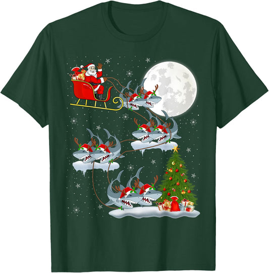 Xmas Lighting Tree Santa Riding Great White Shark Christmas T-Shirt - T-Shirt | Forest