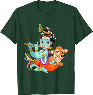 Hindu god Lord Shri Krishna with a Cow and a Bird T-Shirt - T-Shirt | Forest