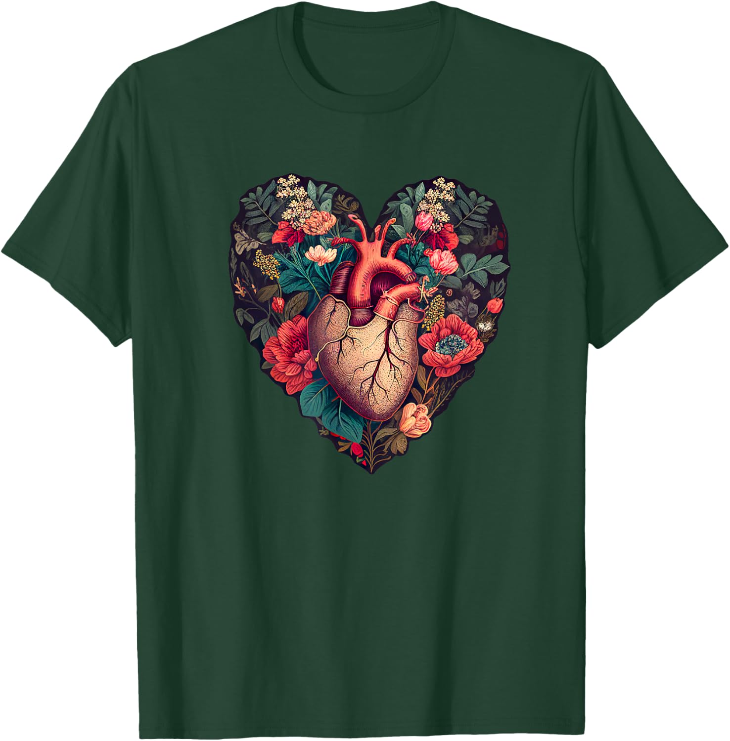 Vintage Anatomical Heart with Flowers for Dark Academia Gift T-Shirt - T-Shirt | Forest