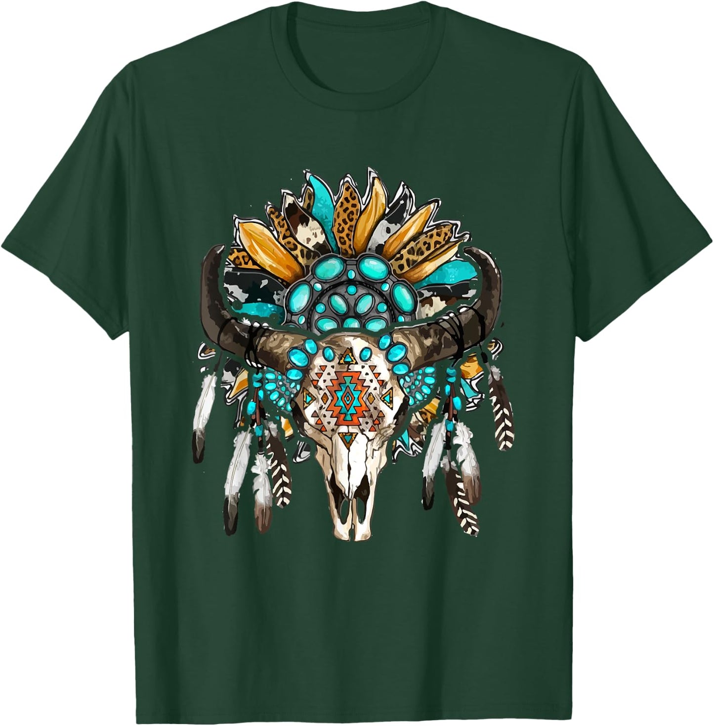 Western Boho Sunflowers Turquoise Cow Bull Skull T-Shirt - T-Shirt | Forest