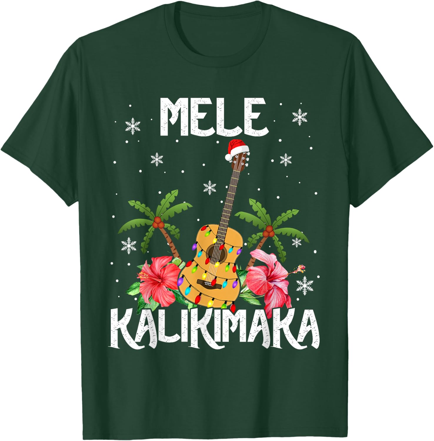 Mele Kalikimaka Merry Xmas Light Santa Hawaiian Guitar T-Shirt - T-Shirt | Forest