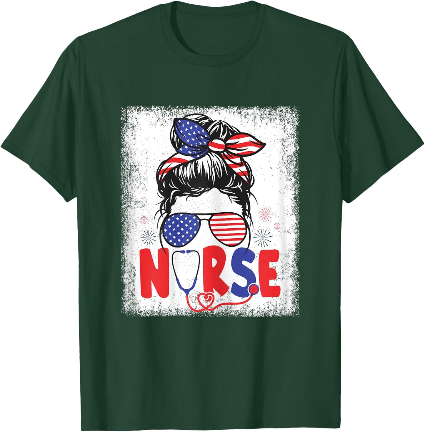 Patriotic Nurse Messy Bun 4th Of July American Flag Nurses T-Shirt - T-Shirt | Forest
