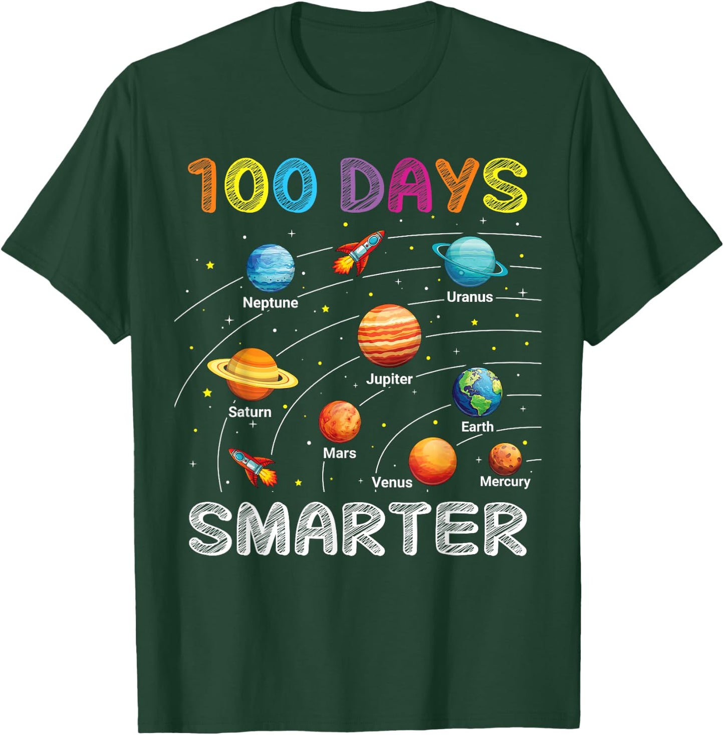 100 Days of School Astronaut Space Planets 100 Days Smarter T-Shirt - T-Shirt | Forest