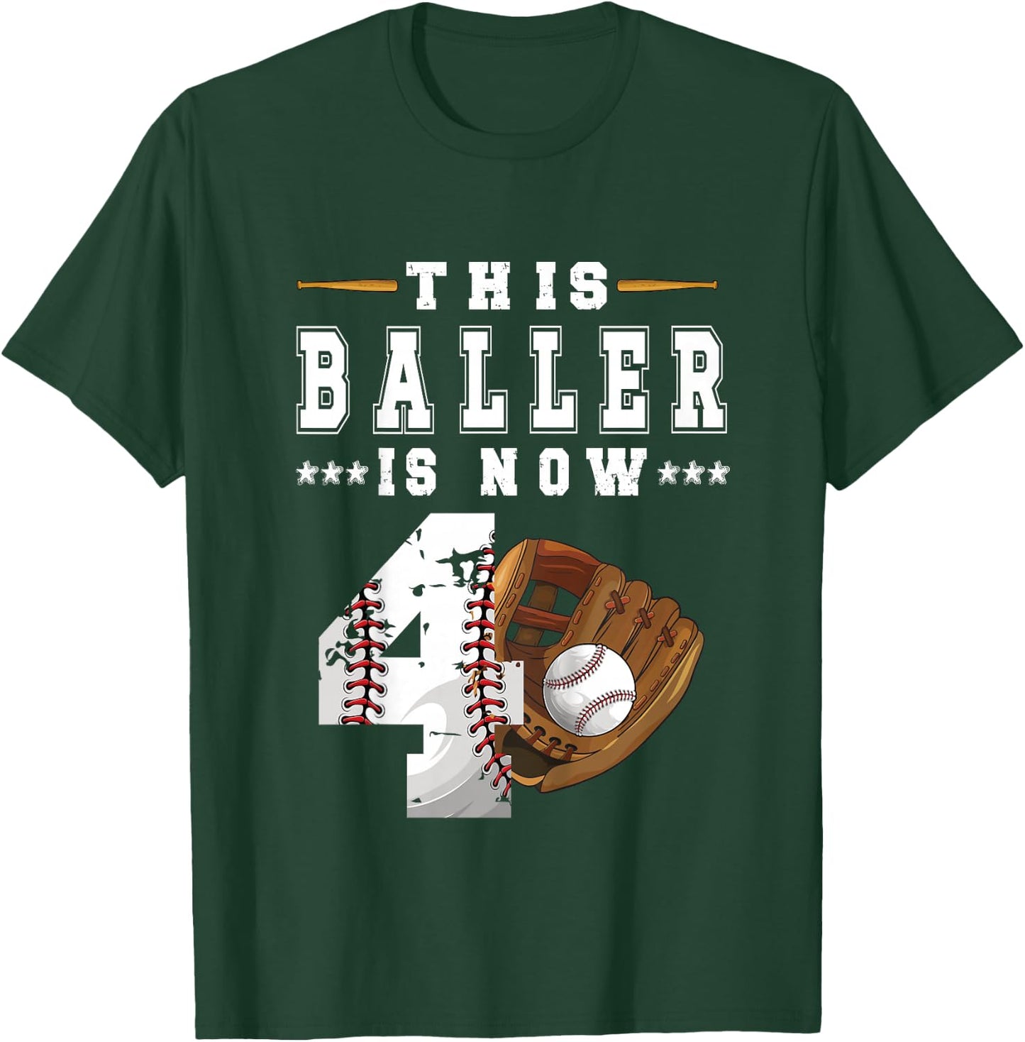 Kids 4th Birthday Baseball Boy Four Year Old Baseball Player T-Shirt - T-Shirt | Forest