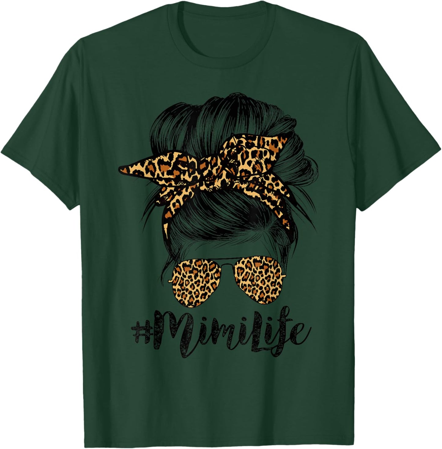 Mimi Life Hair Bandana Glasses Leopard Print Mother's Day T-Shirt - T-Shirt | Forest