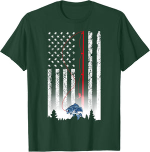 American Flag Fishing Rod USA Patriotic Lover Men T-Shirt - T-Shirt | Forest