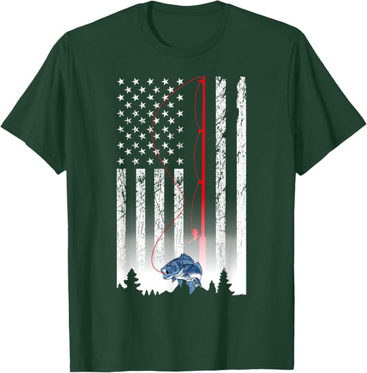 American Flag Fishing Rod USA Patriotic Lover Men T-Shirt - T-Shirt | Forest