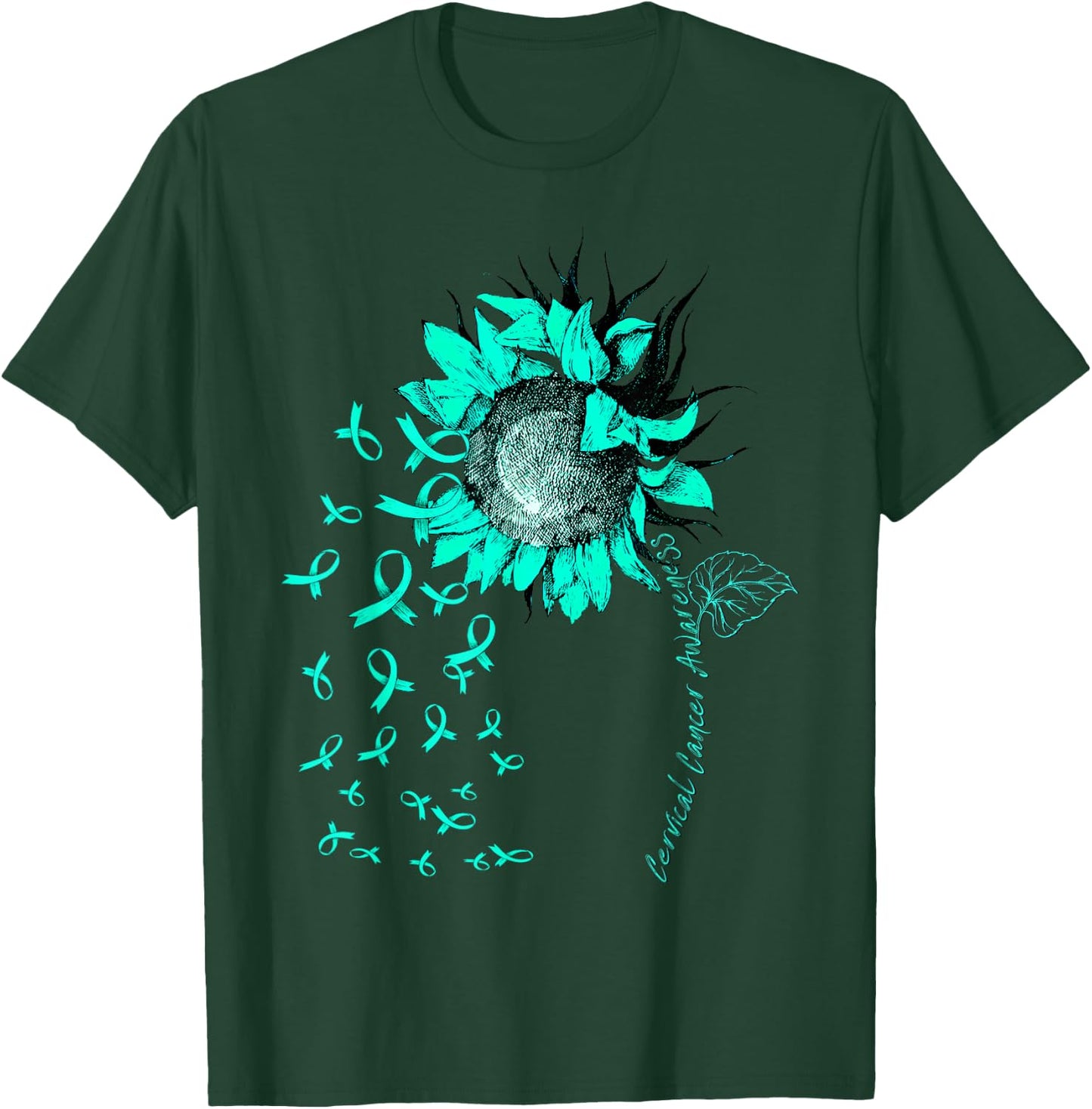 CERVICAL CANCER AWARENESS Sunflower Teal Ribbon T-Shirt - T-Shirt | Forest