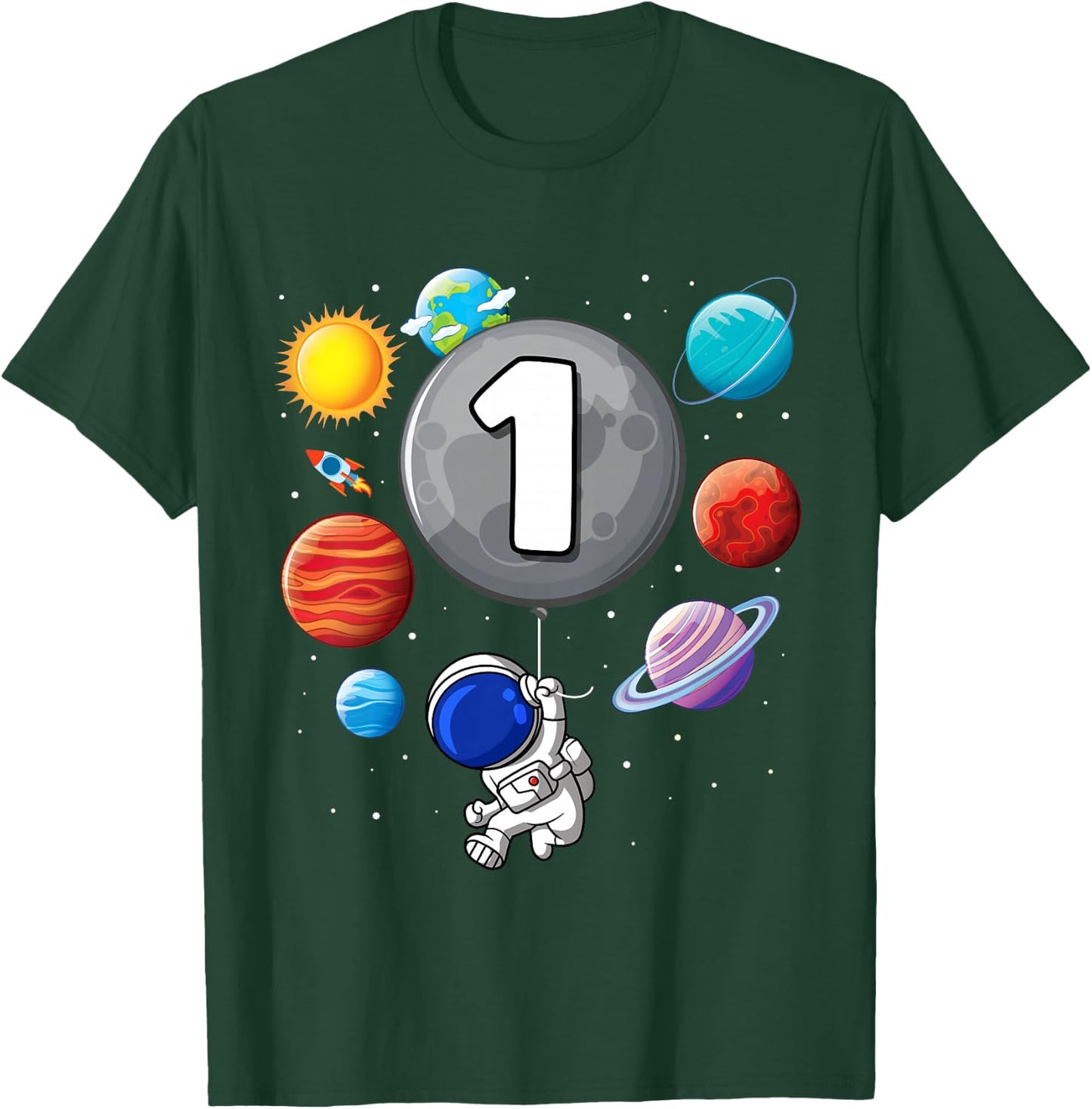 1st Birthday Astronaut Balloon Planet 1 Year Old Boy T-Shirt - T-Shirt | Forest