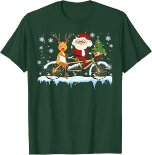 Santa And Reindeer Riding Bicycle Christmas Santa Reindeer T-Shirt - T-Shirt | Forest