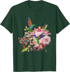 Floral Pretty Bird Flowers Animal Lover Vintage Hummingbird T-Shirt - T-Shirt | Forest